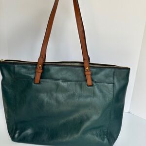 Fossil Dark Green Leather Tote with Brown Straps